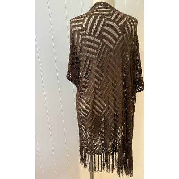 Brown Open Knit Crochet Fringe Kimono Cardigan One Size - Picture 5 of 8